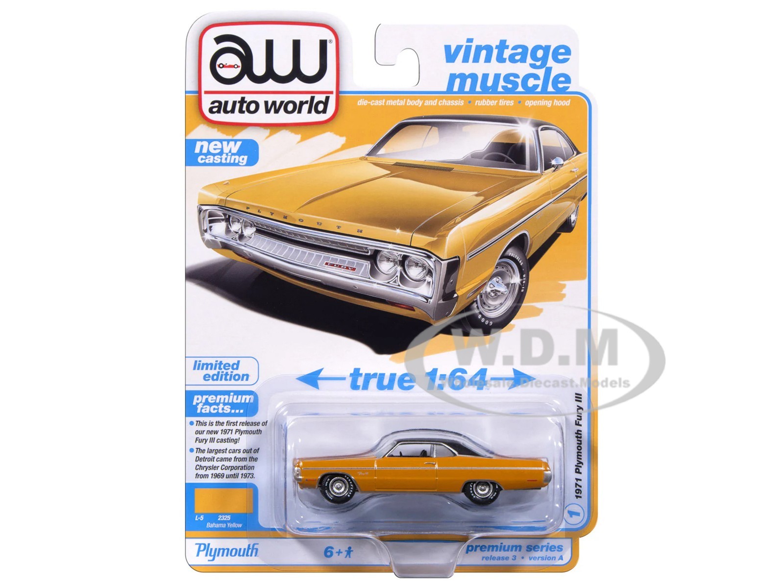 1971 PLYMOUTH FURY II BAHAMA YELLOW 1/64 DIECAST BY AUTO WORLD 64522-AWSP204 A