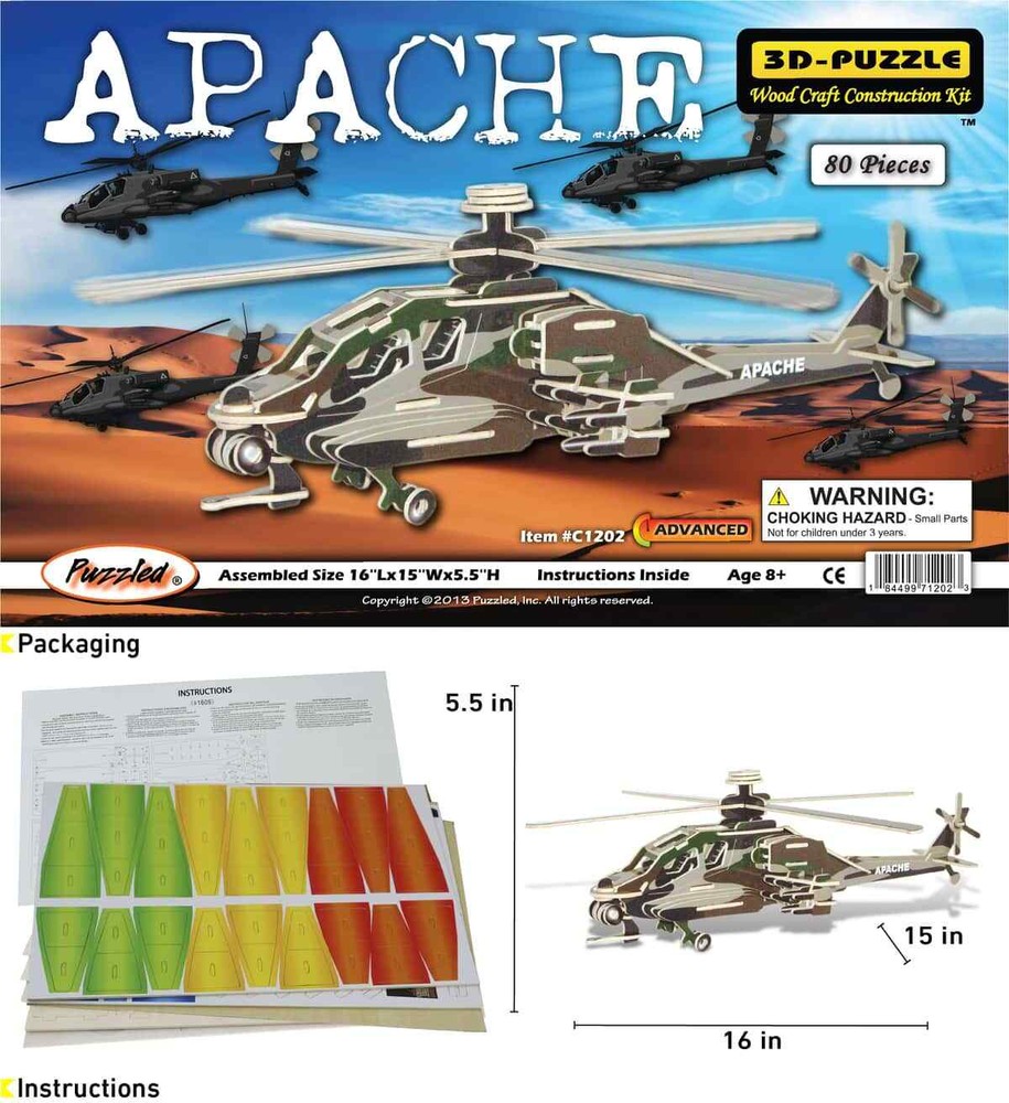 3D Wooden Puzzles, Model Self Assembly DIY Creative Toy Military - Apache