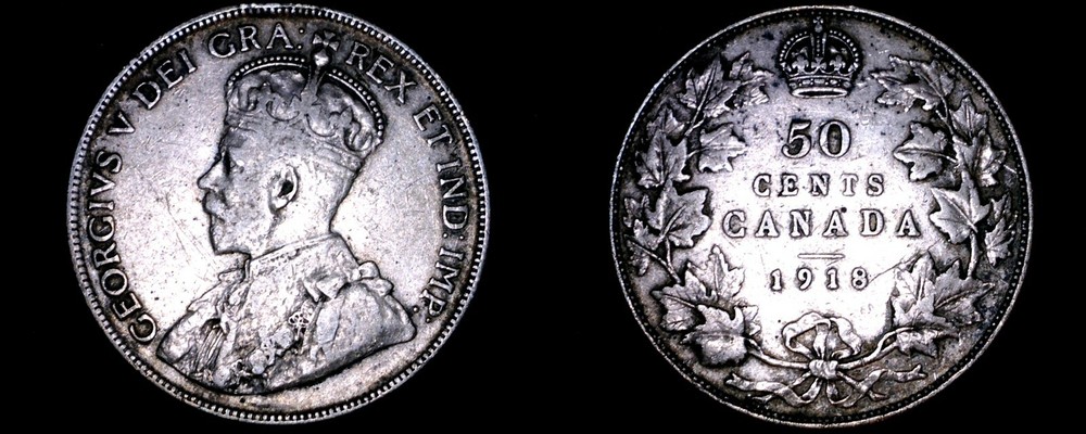 1918 Canada 50 Cent World Silver Coin - Canada