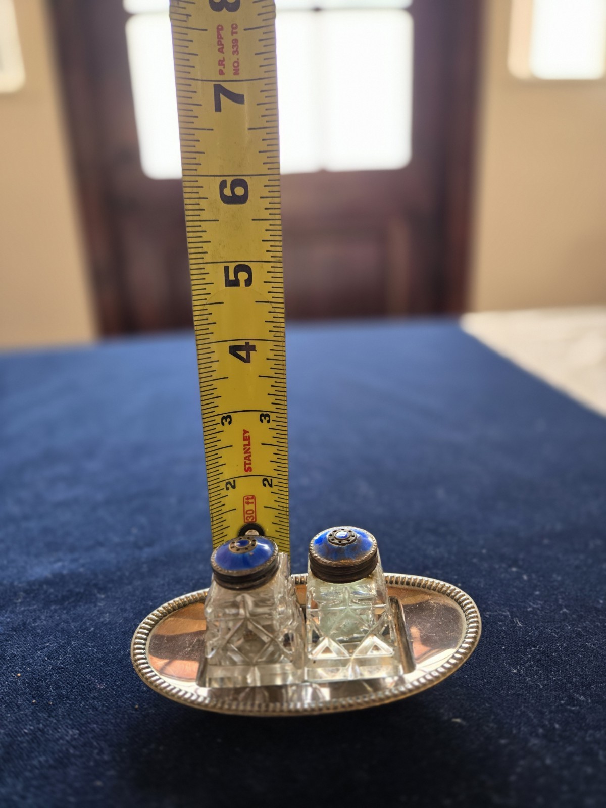 Antique Norway Guilloche Enamel Sterling Silver Salt & Pepper Set On Tray