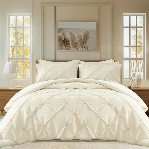 King Size Comforter Set Cream, 3 Pieces Bed Lightweight Solid Bedding