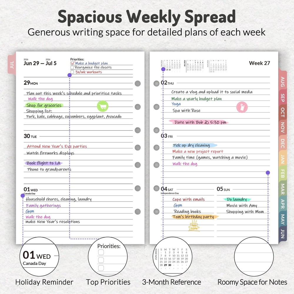 2026 Weekly & Monthly Planner Refills for A5 7-Ring Binders, July 2026 - Jun ...