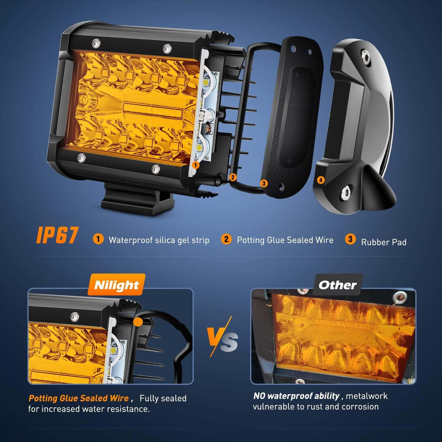 Nilight 2PC 4Inch Amber Led Pods Triple Row 60W Flood Spot Combo Fog Lights