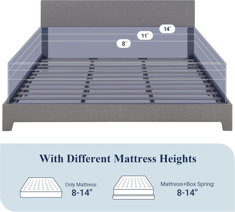 Sleek Linen Upholstered King Bed Frame, Adjustable Headboard