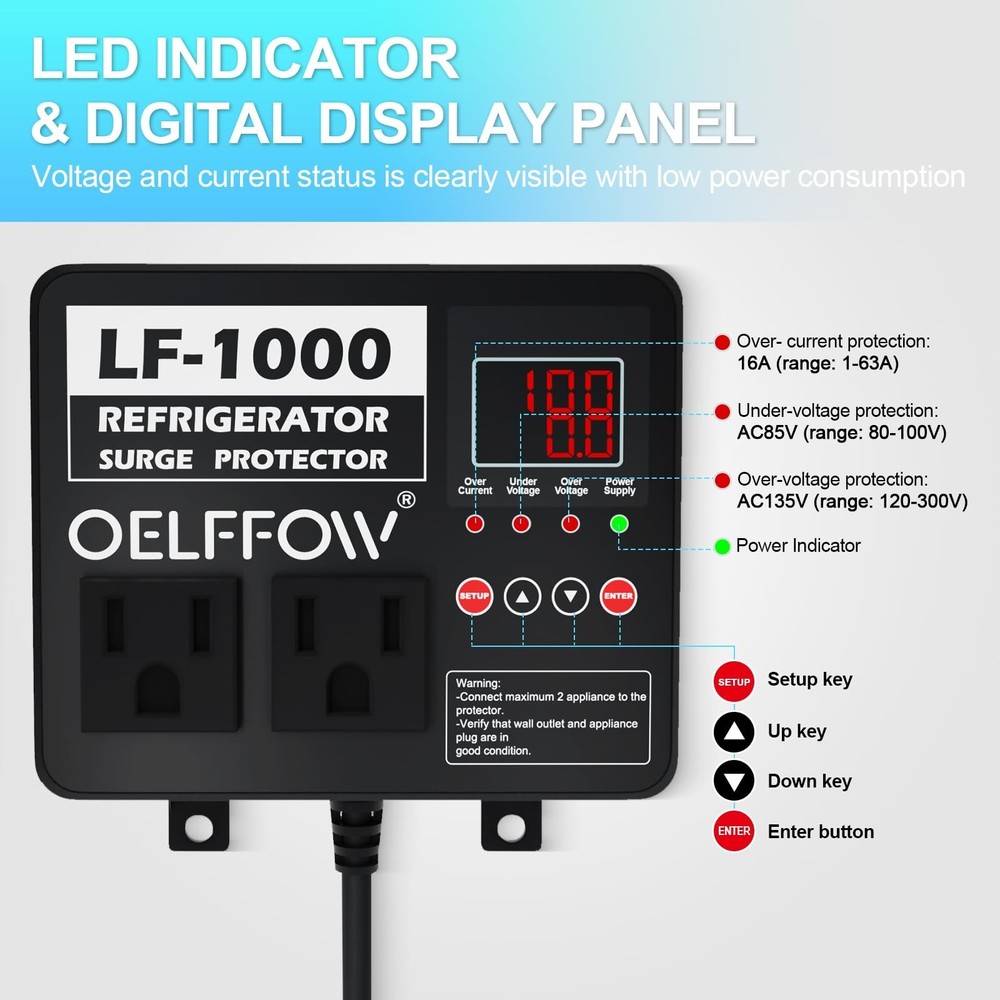 OELFFOW Refrigerator Surge Protector, Time Delay and Real-time Display, Volta...