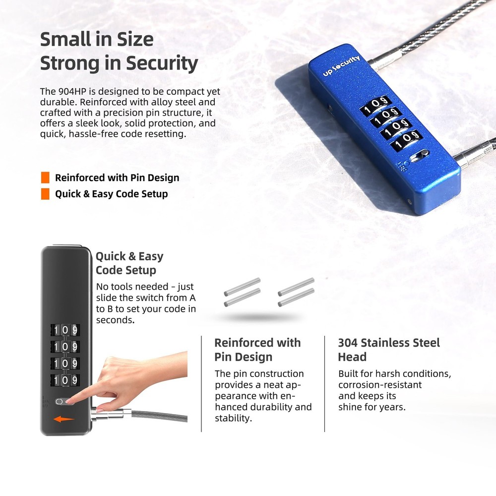 UP Security Combination Lock Outdoor, 2 ft (60 cm) Cable, Black+Blue, 2-Pack