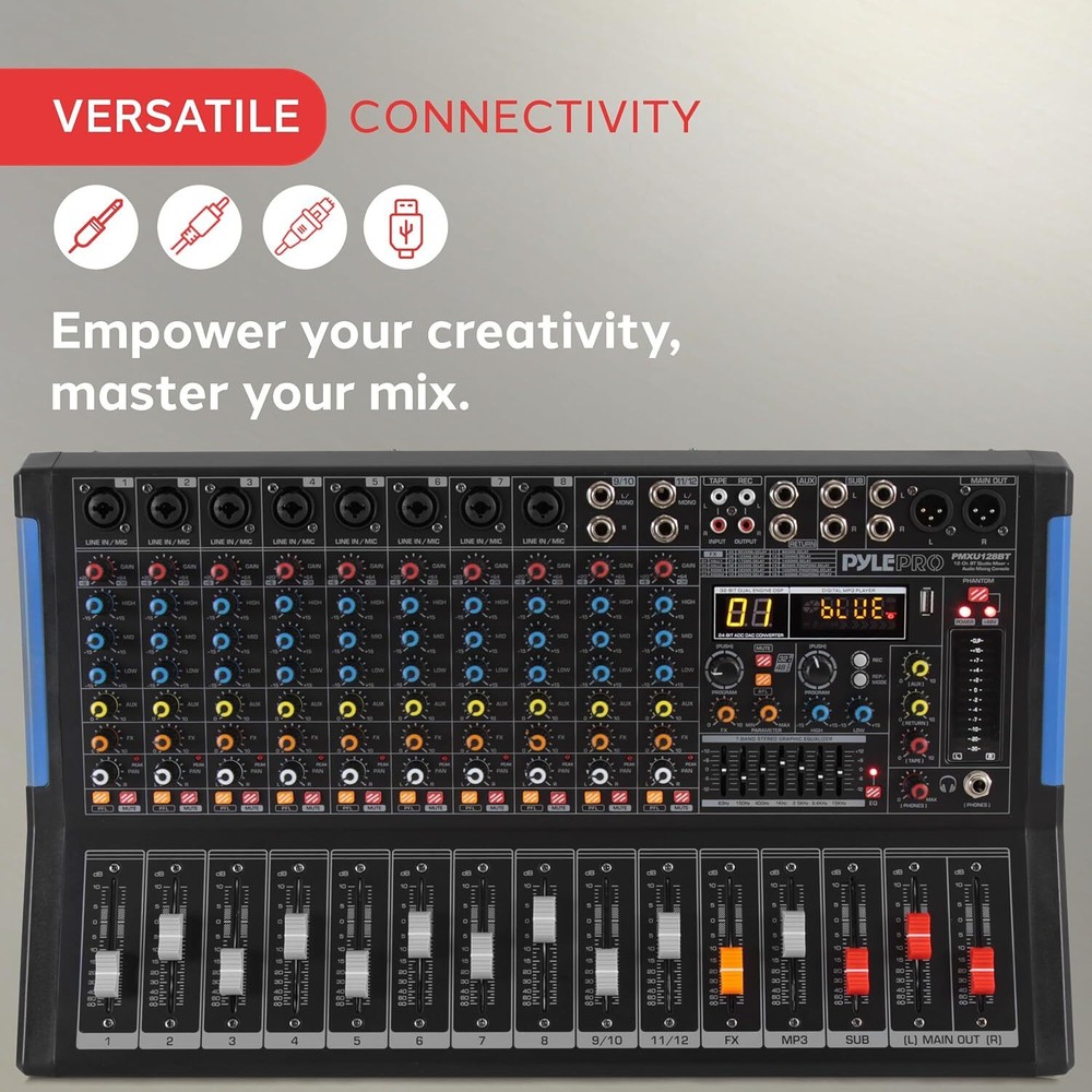 Pyle PMXU128BT 12-Channel Bluetooth Studio Mixer, Black
