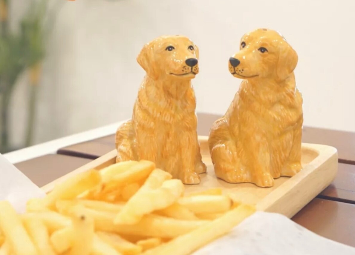 SET Salt&Pepper Shaker Ceramic Golden Dog Figurine Hand Painted Home Decorate
