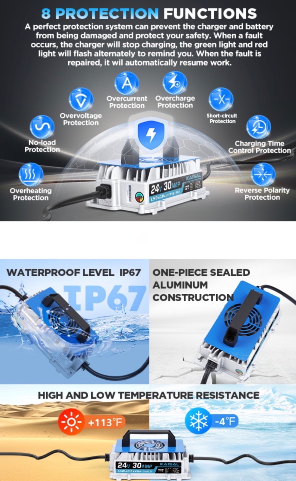 24V 30A Scissor Lift Lawn Mower 1250W Forklift Battery Charger IP67 Waterproof