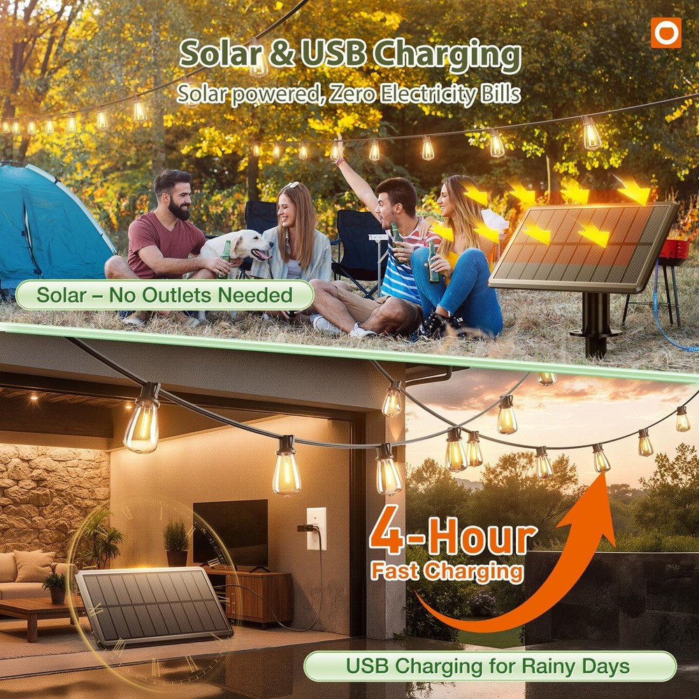 Camping Patio Solar String Lights - 52ft Waterproof 16 Led Bulbs Remote