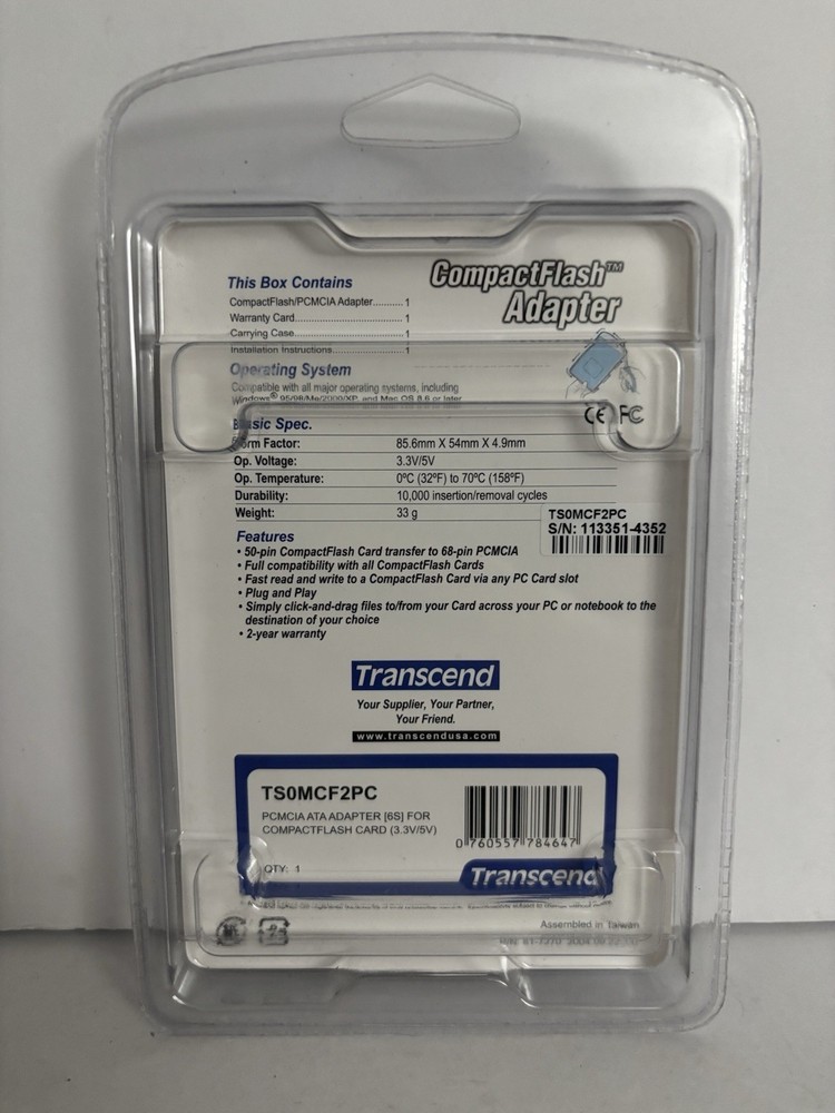 Transcend CompactFlash Adapter TSOMCF2PC - New & Sealed