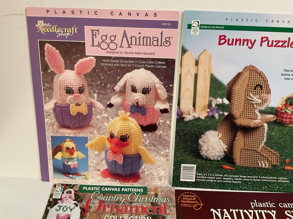6 Plastic Canvas Pattern Leaflets, Windsocks, Ornaments, Nativity, Critters