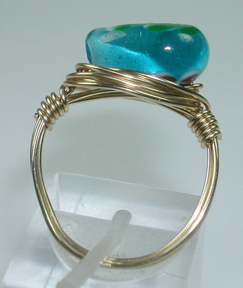 Wire Wrapped Lampwork Floral Heart Bead Ring Handcrafted
