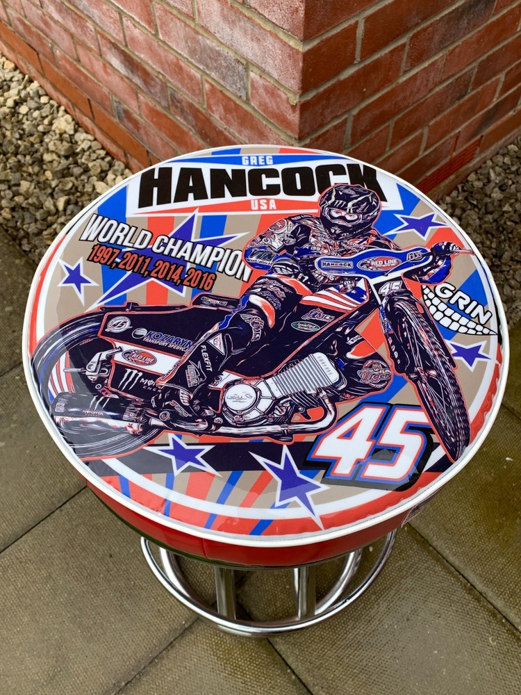 Greg Hancock speedway height adjustable, rolling Workshop/bar-stool