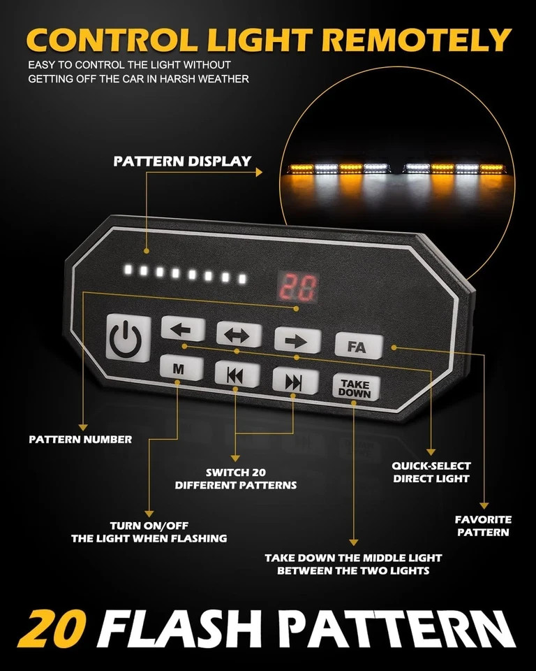 604N Emergency Dash Strobe Lights W/Controller: 2X16.8 Inch Amber White Security