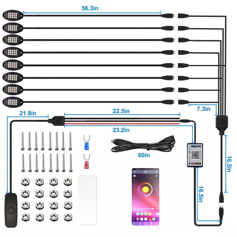 8Pods RGB LED Rock Lights Kit Underbody Light Bluetooth Underglow Remote Control