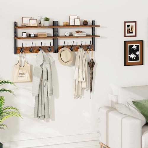 Coat Rack Wall Mount with Shelf, Two-Tier Wall Shelf Mounted with Rustic Brown