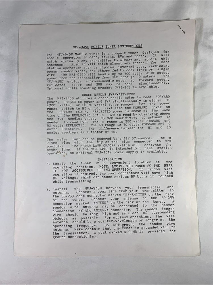 MFJ-945D Mobile Tuner Instructions