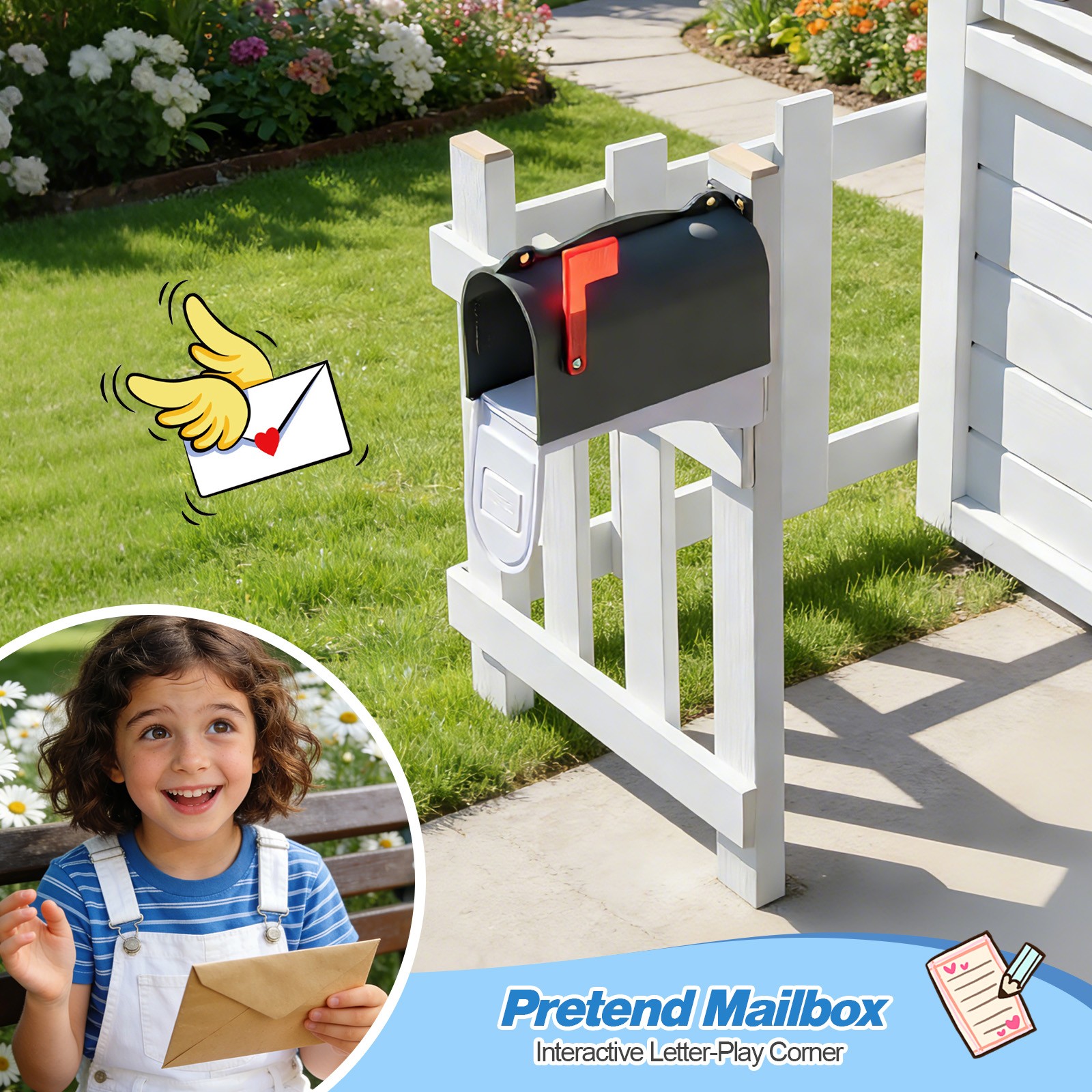 Kids Wooden Playhouse Outdoor Cottage Play Kitchen,Bench,Blackboard,Tic-Tac-Toe