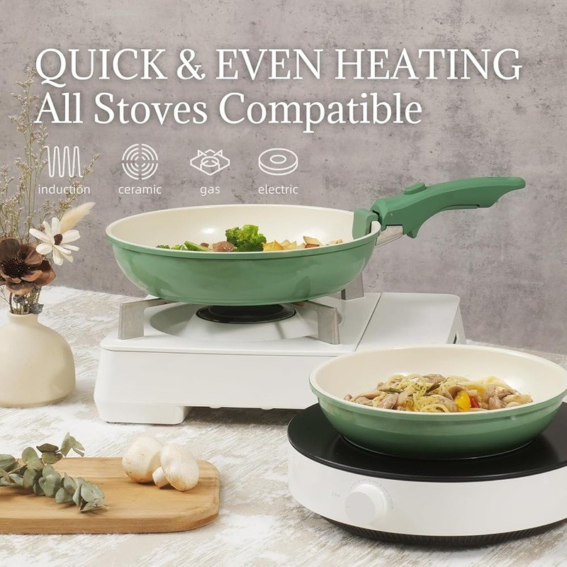 Non Stick Ceramic Cookware Set 8Pcs Removable Handle Space Saving Easy Cleanup