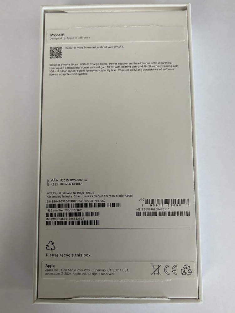 iPhone 16 Black 128gb Box Only