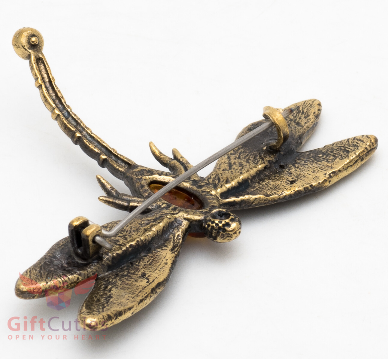 Brass Amber dragonfly Brooch IronWork