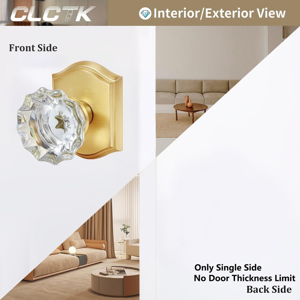 2 Pack Light Gold Crystal Glass Dummy Door Knobs, Non-Turning No Lock Single ...