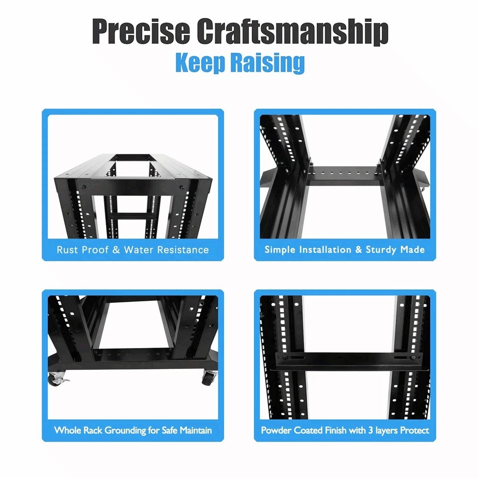 15U 4 Post Open Frame 19" Server Steel Rack 24" Deep With Supporting rails