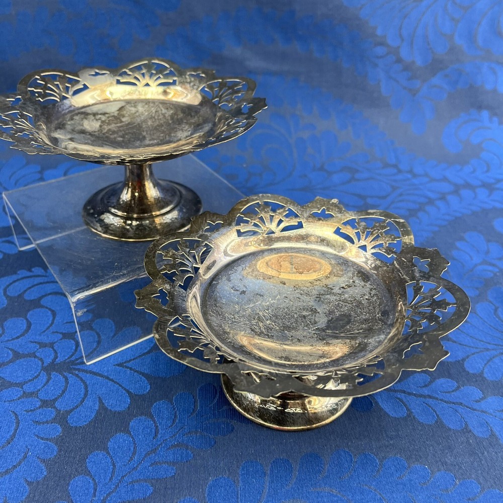 Ornate Pair Of 5” Silver Plated Footed Pierced Serving Bowls Dish Candy