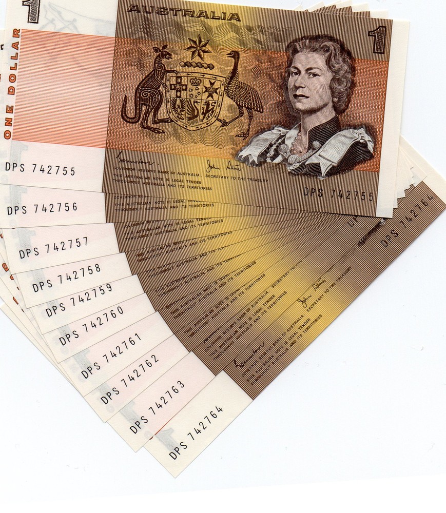 1982 Australian 10 X $1 NOTE LAST PREFIX DPS Consecutive UNCIRCULATED Banknotes