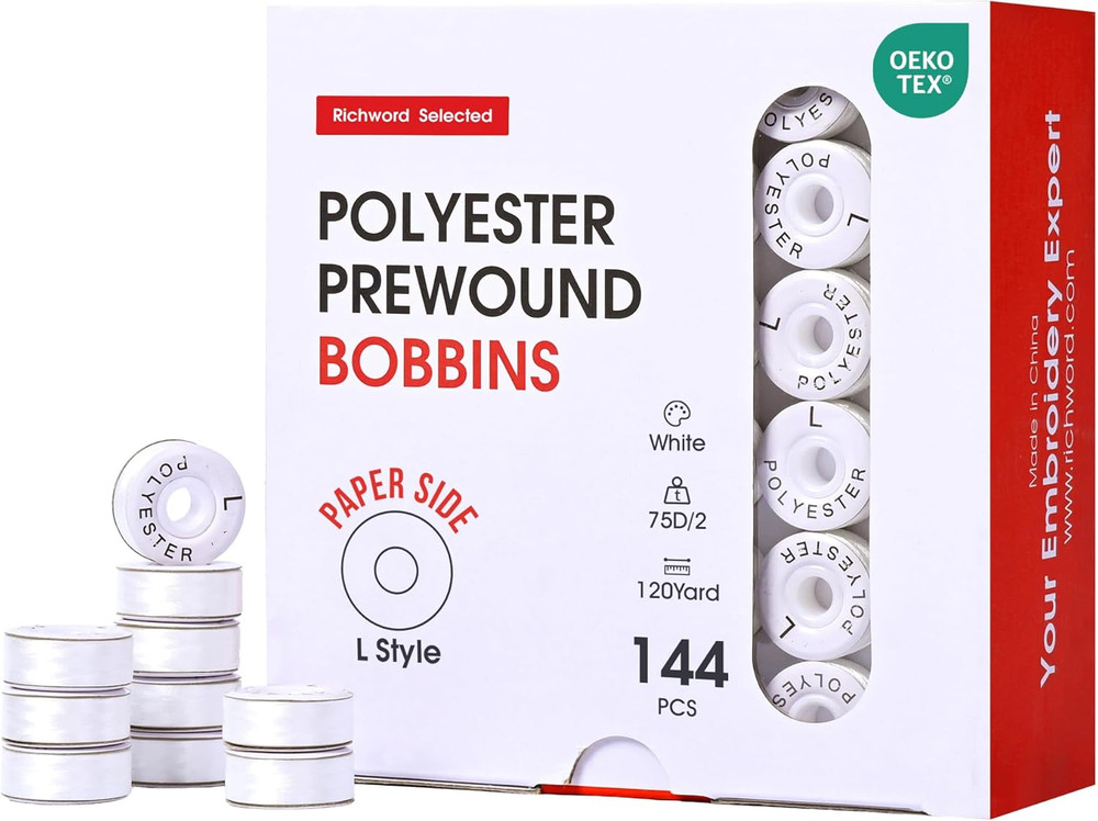 Prewound Bobbins, White Cardboard, 144Pcs Size L, Polyester Thread for Embroider