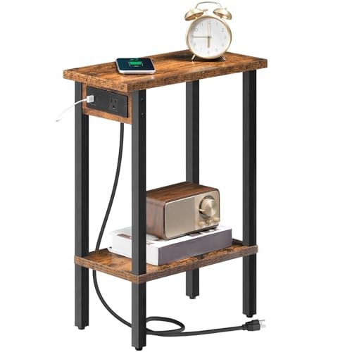 Narrow Side Table, 2-Tier Slim End Table with Charging 1 Rustic Brown + Black