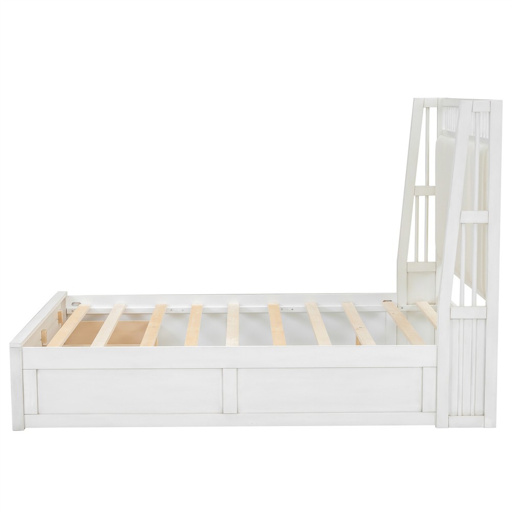 Full/Queen Size Bed Frame Upholstered Platform Bed Frame with 2 Drawers White