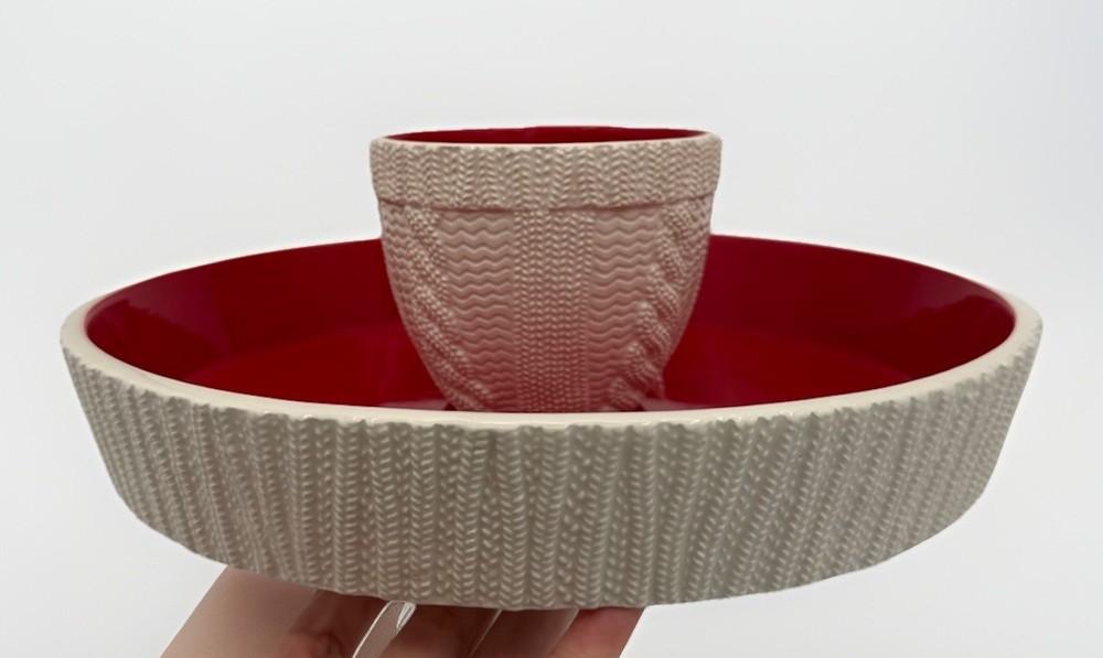 12” Hallmark serving tray w-attached sweater bowl in Center for dip/ Red & White