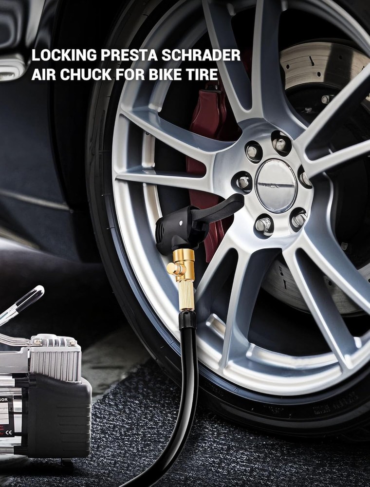 Locking Presta & Schrader Air Chuck with One-Touch Deflation for Efficient Use