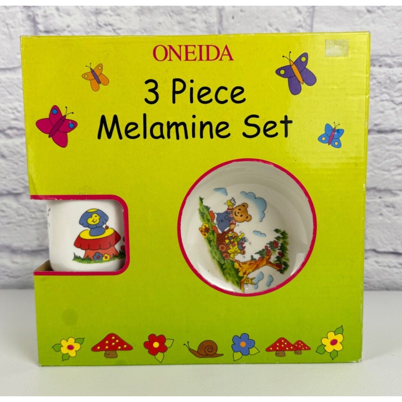 Oneida Picnic Bears Melamine Childs Dish Set 3 Pieces Vintage Apples Mushroom