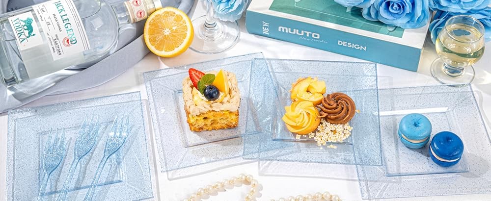 DaYmi Blue Glitter Dert Plates Including Appetizer Plates, Plastic