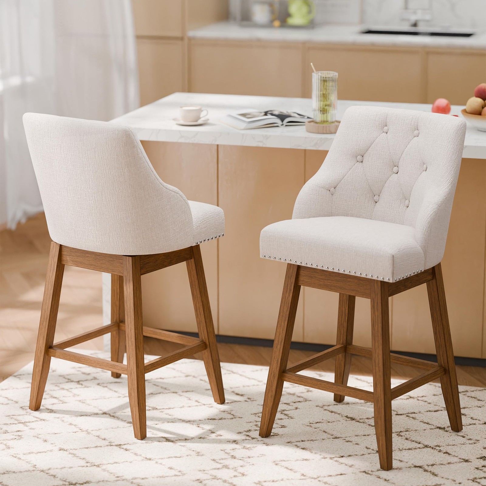 Swivel Bar Stools Set of 2 Upholstered Barstools with with Tufted Backs