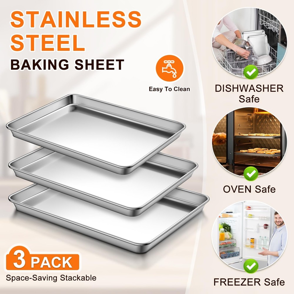 Nonstick Baking Pans, 3 Sizes, Rust Resistant, Easy To Clean, Silver