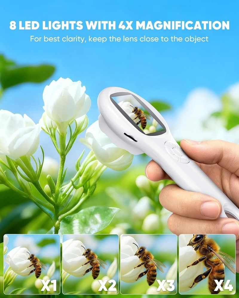 Handheld Mini Microscope with 8 LED Lights and Rechargeable Battery for Easy Use