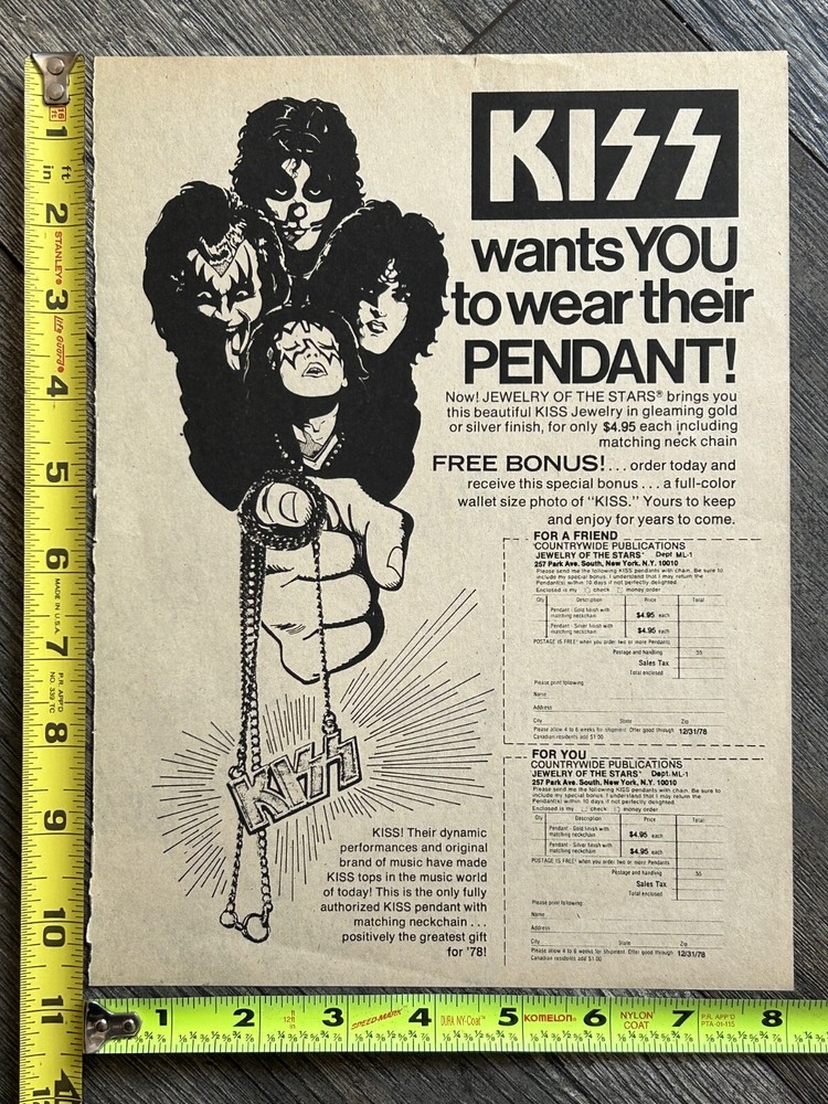 KISS Ad Advert Kiss Logo Necklace Pendant Jewelry 1978 Vintage Kiss Aucoin D