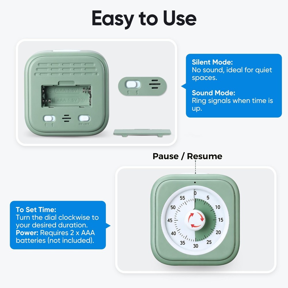 Visual Timer 60 Minute Silent Countdown Clock Green Homeschool Study Kids Tool