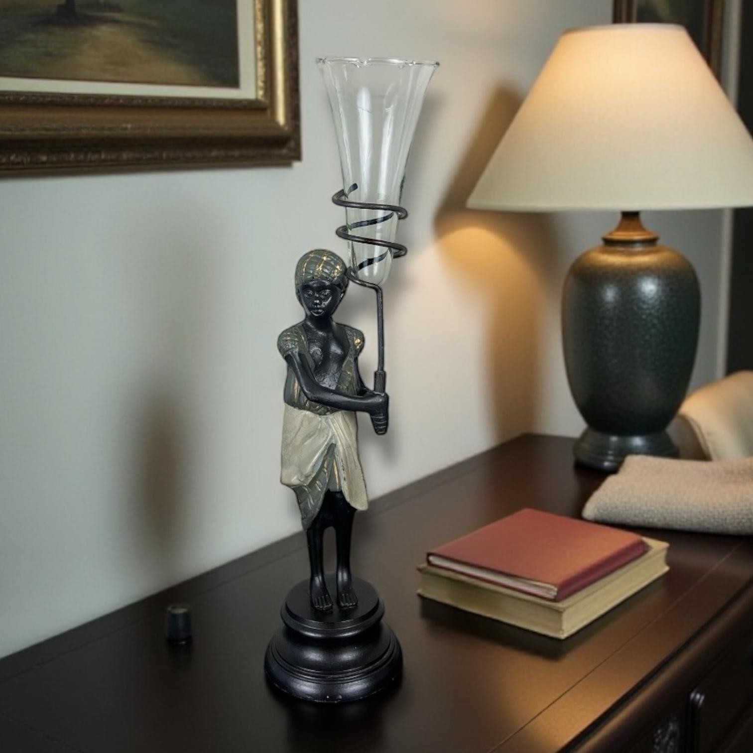 Bronze Blackamoor Nubian Statue Candle Holder Art Deco Hollywood Regency