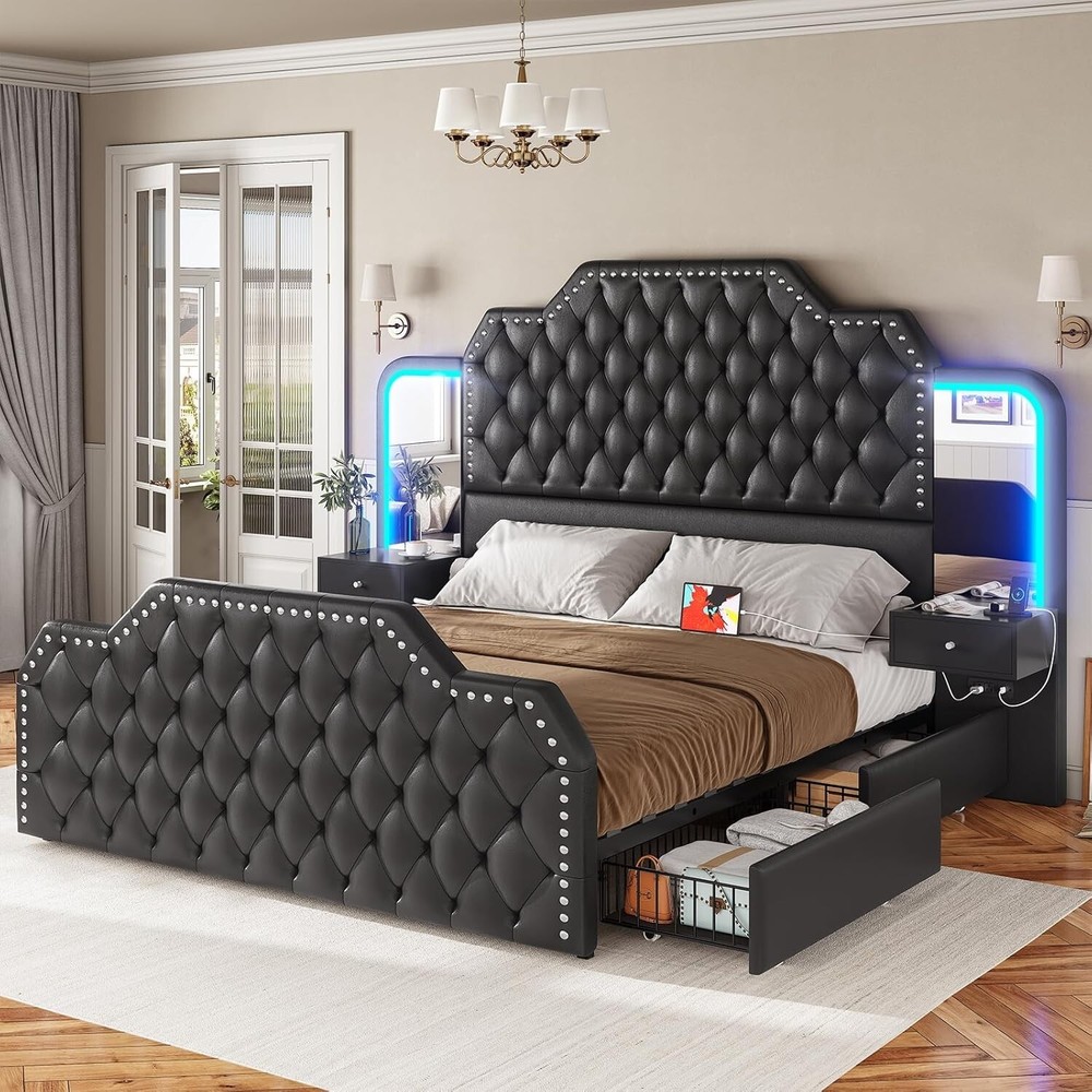 Queen Size Bed Frame with 4 Drawers &2 Nightstands with Mirror, Platform Bed