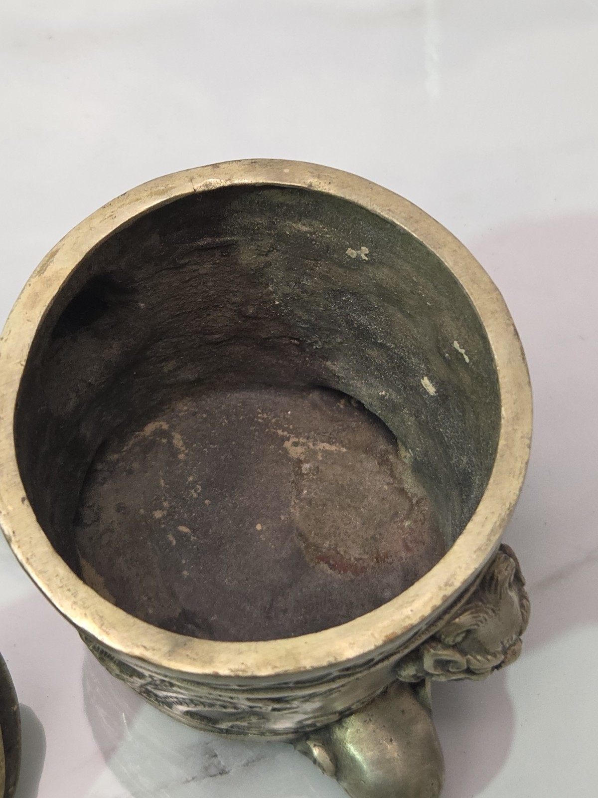 6" Qianlong Marked Copper Silver Dragon Beast Pattern Incense Burner Censer VTG