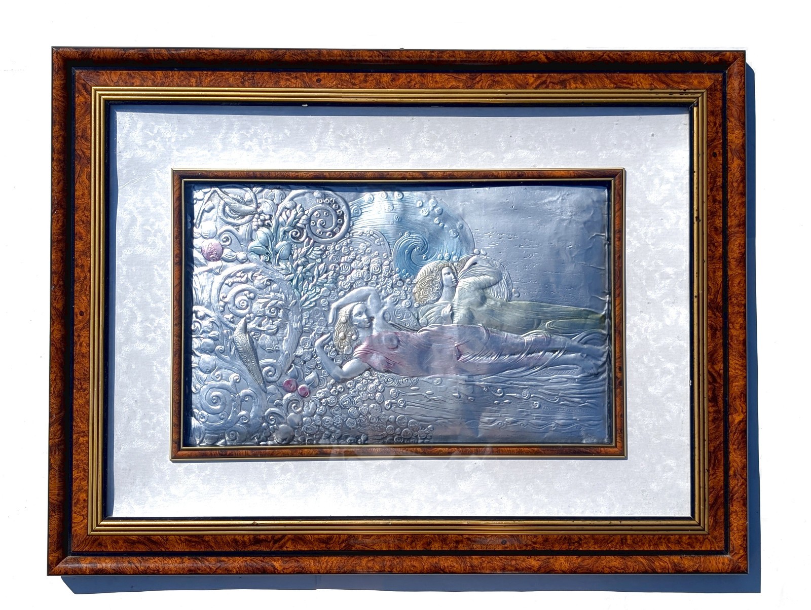 Large Vtg Art Nouveau Sterling Silver Argento Italy Colored Framed Art Plaque