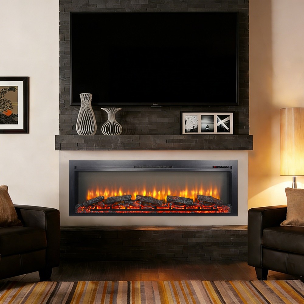 54" Wall Recessed Electric Fireplace Touch Panel Heater w/ Remote & Timer 1500W