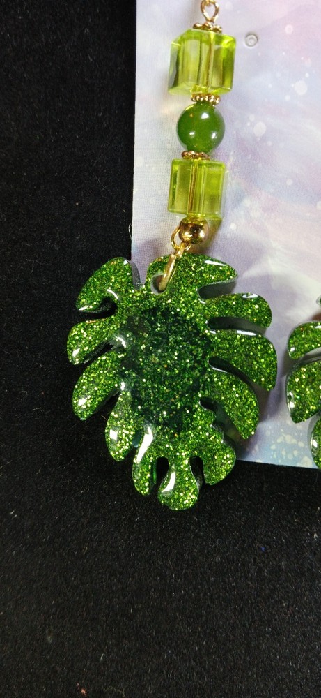 Sparkling Green Leaf Shaped Resin Earrings