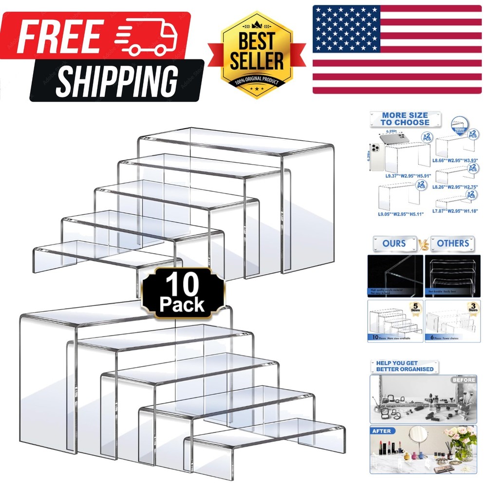 Large Acrylic Risers, 10 Pcs 2 Set7”L~8”L~9”L Riser Display Shelf, Clear Rect...