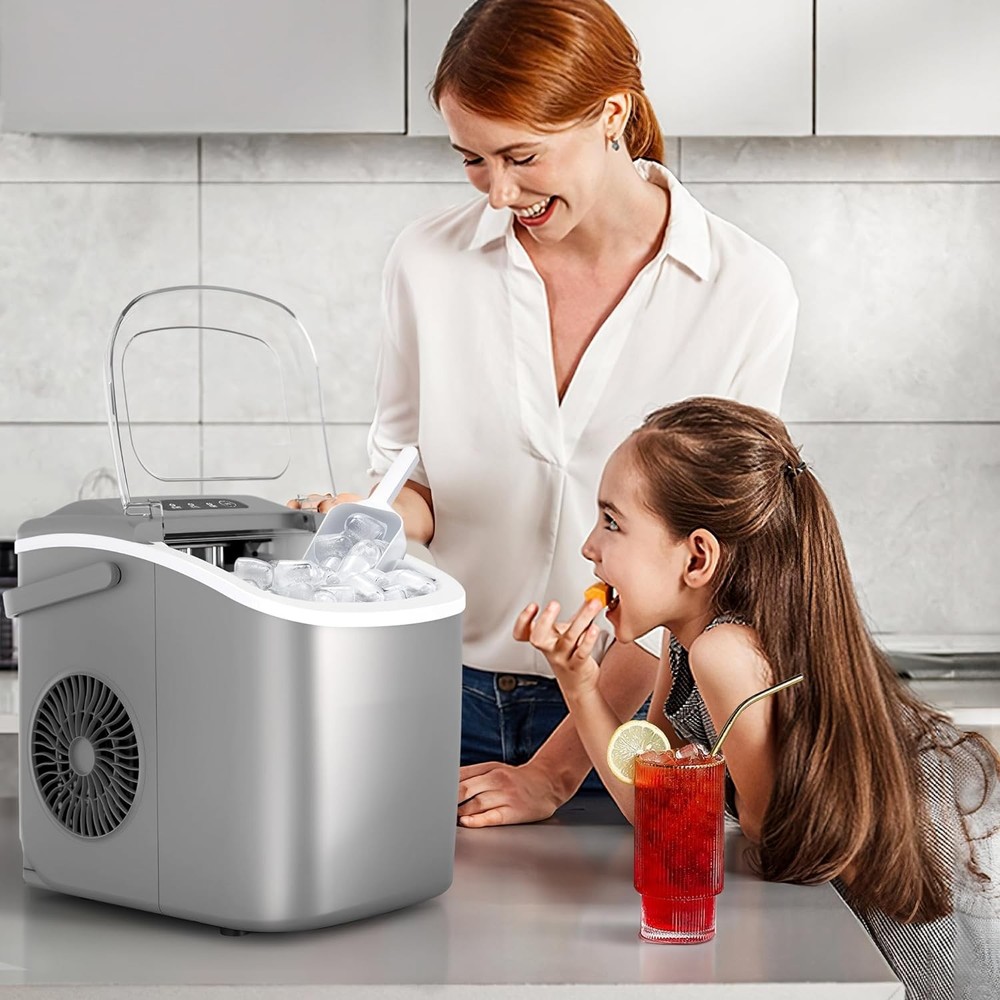 Portable Countertop Ice Maker Machine with Handle, 9 Bullet-Shaped Ice Cubes Rea